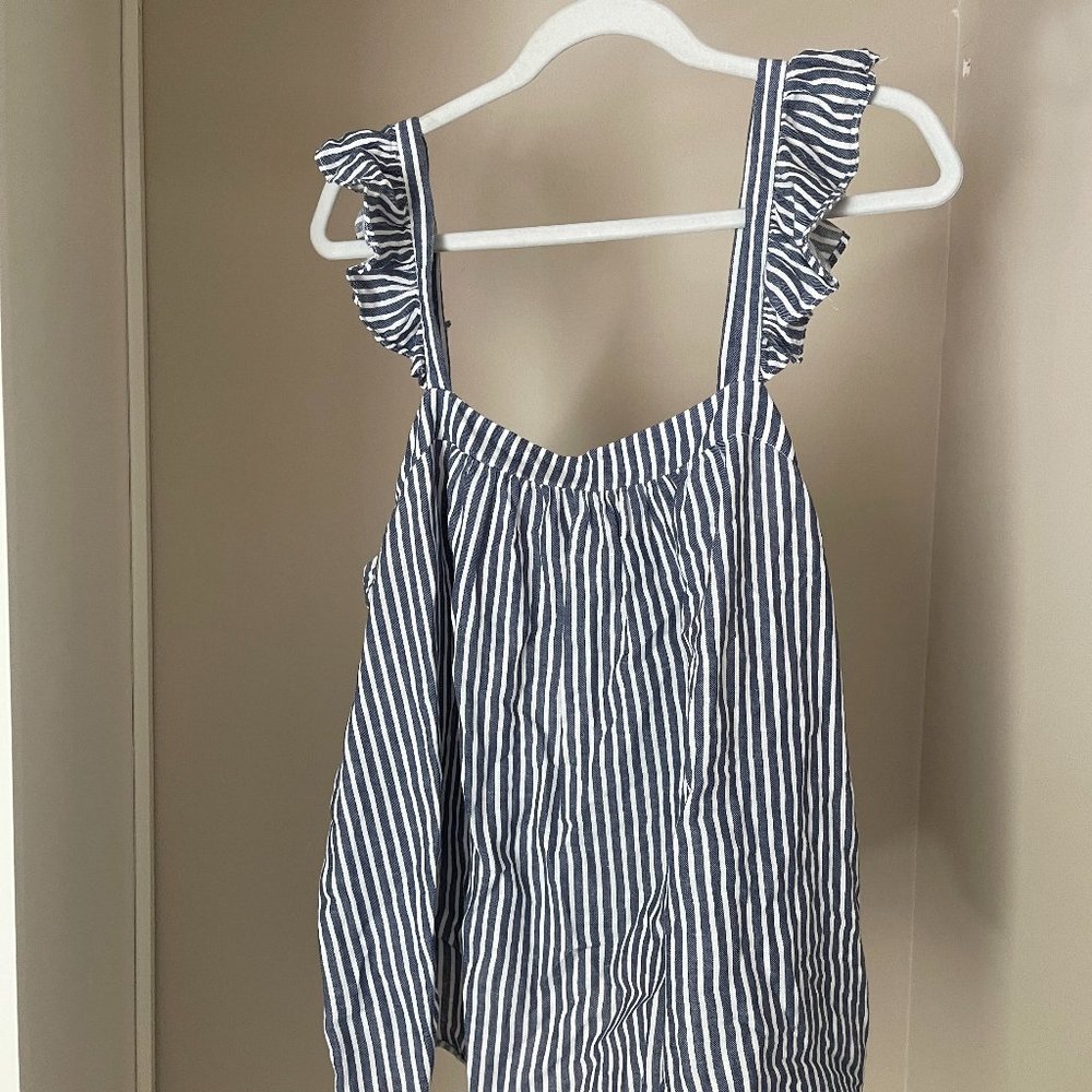 Blue and White Adjustable Strap Flutter Tank Top